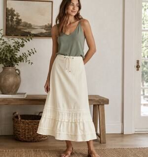 Vtg J. Crew Ivory Ctn Drawstring Waist Midi Skirt Small A-Line Ruffle Hem Boho